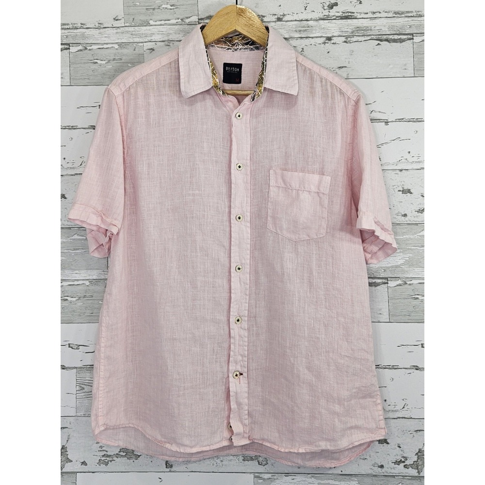 Benson New York Mens Pink 100% Linen Short Sleeve Button Down‎ Shirt Size Medium